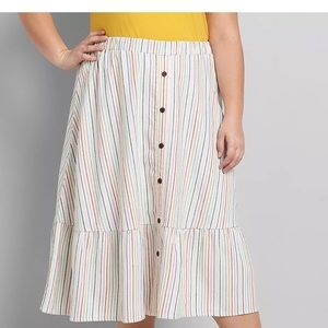 Button-Front Ruffle-Hem Midi Skirt